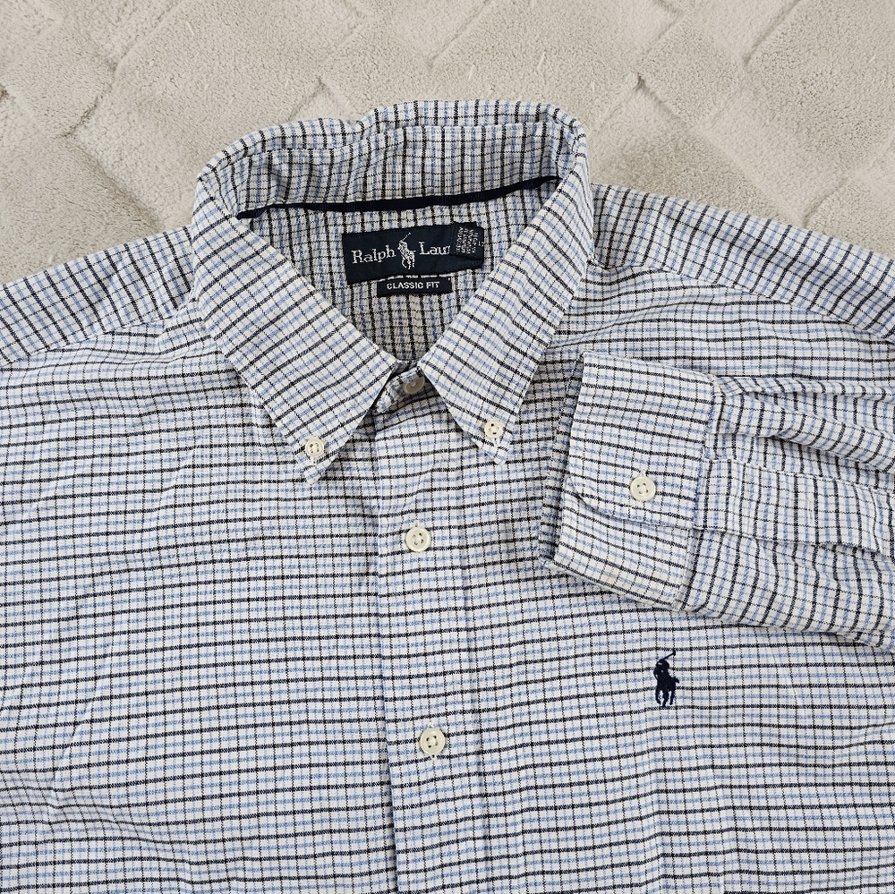 Ralph Lauren Oxford Button Up Shirt Mens Large Blue & White Checkered Plaid
